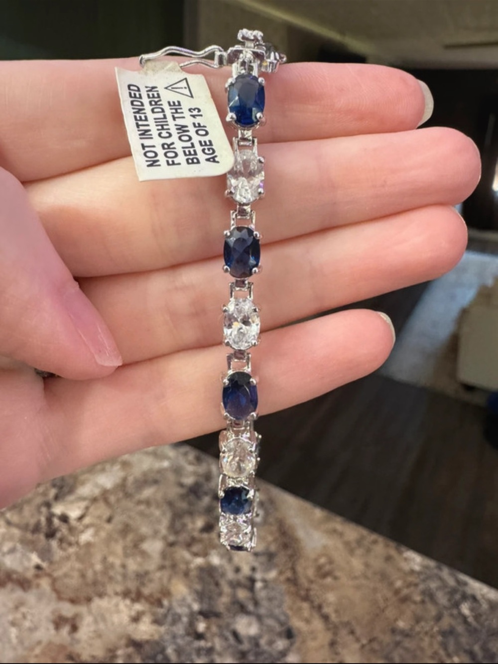 Silver Sapphire Oval Rhinestone Tennis Bracelet – Silver Tone